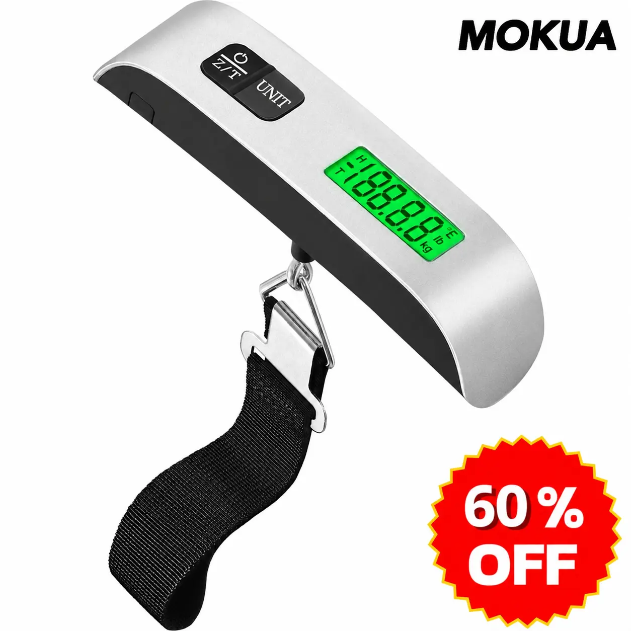 MOKUA Portable Digital Luggage Scale, 110lbs Hanging Baggage Scale for Accurate Weighing, Backlit LCD Display with Data Lock, Portable Suitcase Weight Scale, Travel Luggage Scale with Hook & Strong Straps