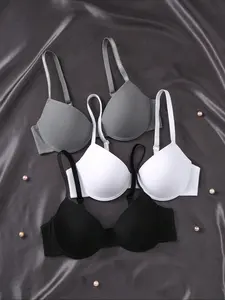Women's 3-Pack Casual Push-Up Bra, Medium Support, Fitted Design, All-Season Wear, Comfortable Lined Underwear, Plain Pattern, Casual Comfy Bras