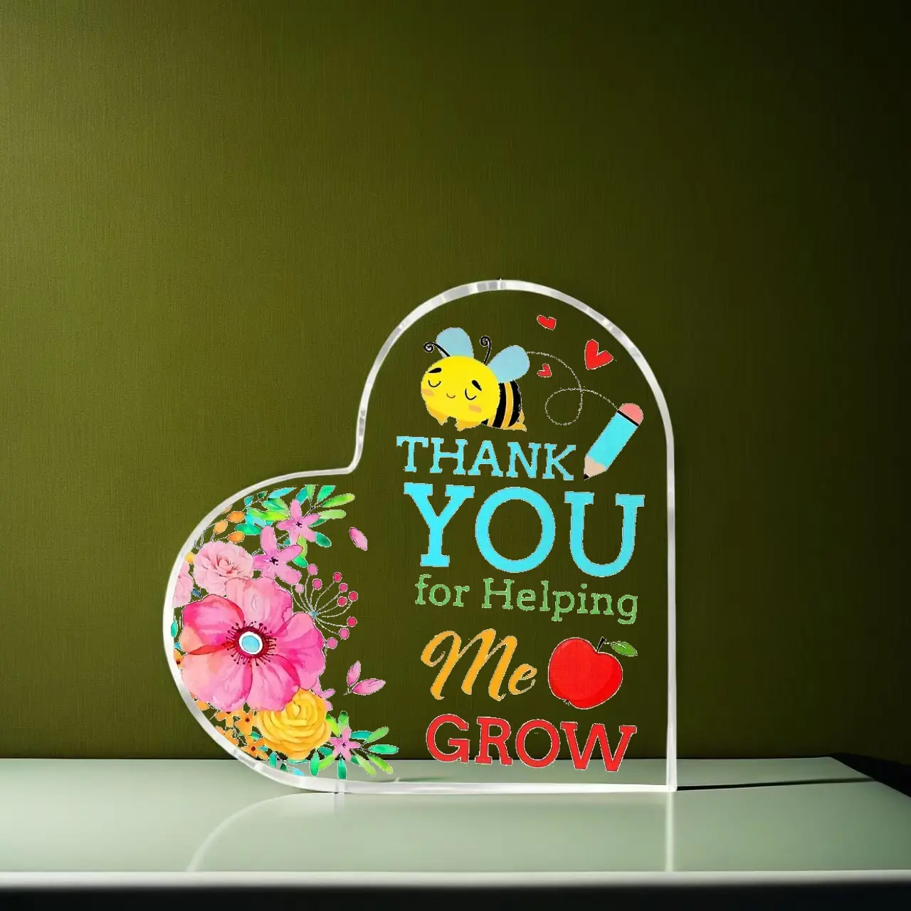 Acrylic Heart Plaque Sign Thank You for Helping Me Grow Teacher Appreciation Gift for Educators Preschool to High School Floral Countertop Decor