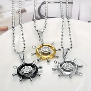 Light Luxury Retro Synthetic Zircon Boat Rudder Steering Wheel Pendant Men's Necklace Accessories