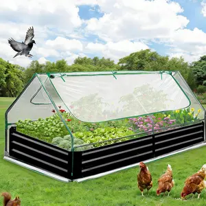 8×4×1 Ft /2 Pack 6x1.5x1 ft Raised Garden Bed w/ Cover Galvanized Metal Planter Box with 2 Screen Windows, Mini Greenhouse for Outdoor, Vegetables & Flowers, Clear Top Cover