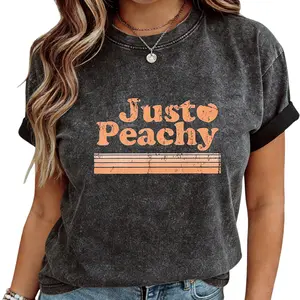 Women's Retro Washed T-Shirt – Just Peachy Letter Design, Short Sleeve, Summer Casualwear