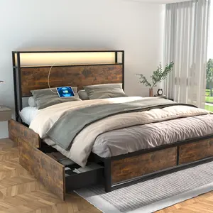 FULL Size LED Bed Frame with 4 Storage Drawers and Headboard, Platform Bed Wood Metal Bed Frame with Charging Station & Led Lights, No Box Spring Needed, Vintage Brown/ Rustic Brown