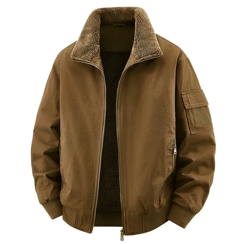 Men's Loose Fit Cargo Aviator Coat - Menswear, Polyester, Fleece Lining, Plush Turn-Down Collar, Full Zip Closure, Arm Pockets, Ribbed Hem, Windproof, Cold-Resistant Casual Workwear Outerwear, Coats