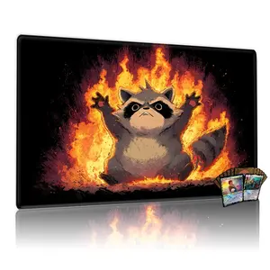 Chubby Cartoon Raccoon in Fiery Battle MTG Playmat - 12x24inch Non-Slip, TCG Compatible, Perfect for Family Gatherings & Gift, Dynamic Gaming Mouse Pad with Vivid Fire Design, Gaming Mousepad