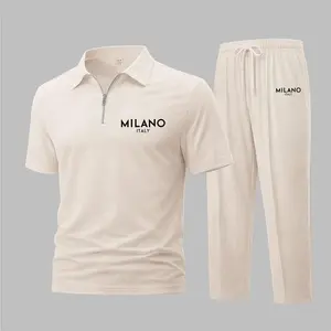 Men's Milano Print Waffle-Knit Polo Shirt Set, Short-Sleeve Zip-Up Collar Top with Matching Athletic Trousers, Casual Sportswear Outfit