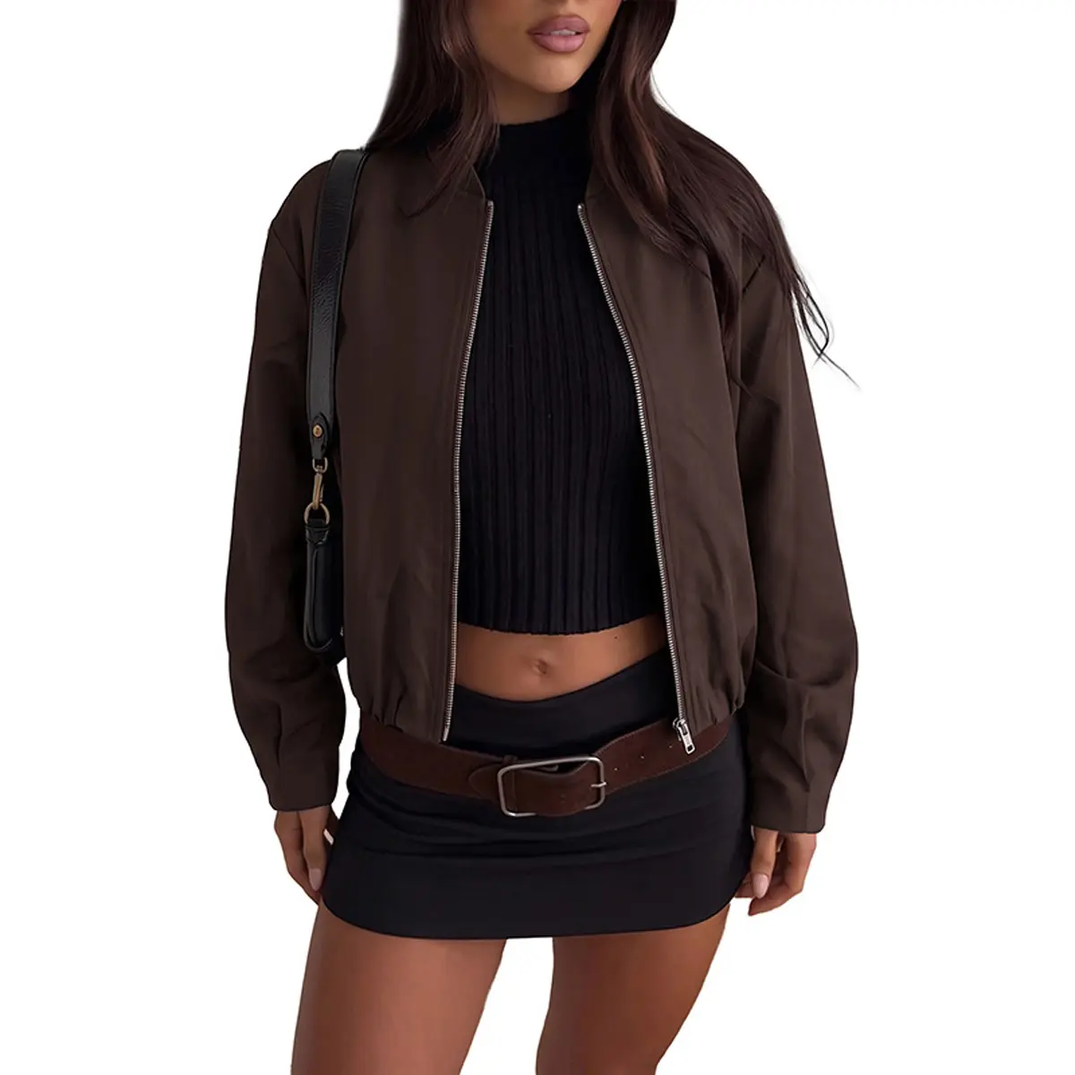 Women's Y2K Cropped Bomber Jacket, Retro Full-Zip Stand Collar Long Sleeve Lightweight Loose Fit Casual Solid Short Outerwear, Streetwear Fashion Crop Coat for Spring Fall Daily Going Out Outfits