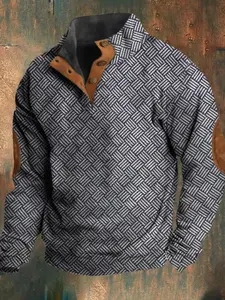 Men's Regular Fit Patchwork Print Half Button Sweatshirt, Casual Long Sleeve Stand Collar Sweatshirt for Spring & Fall, Fashion Men's Clothes for Daily Wear