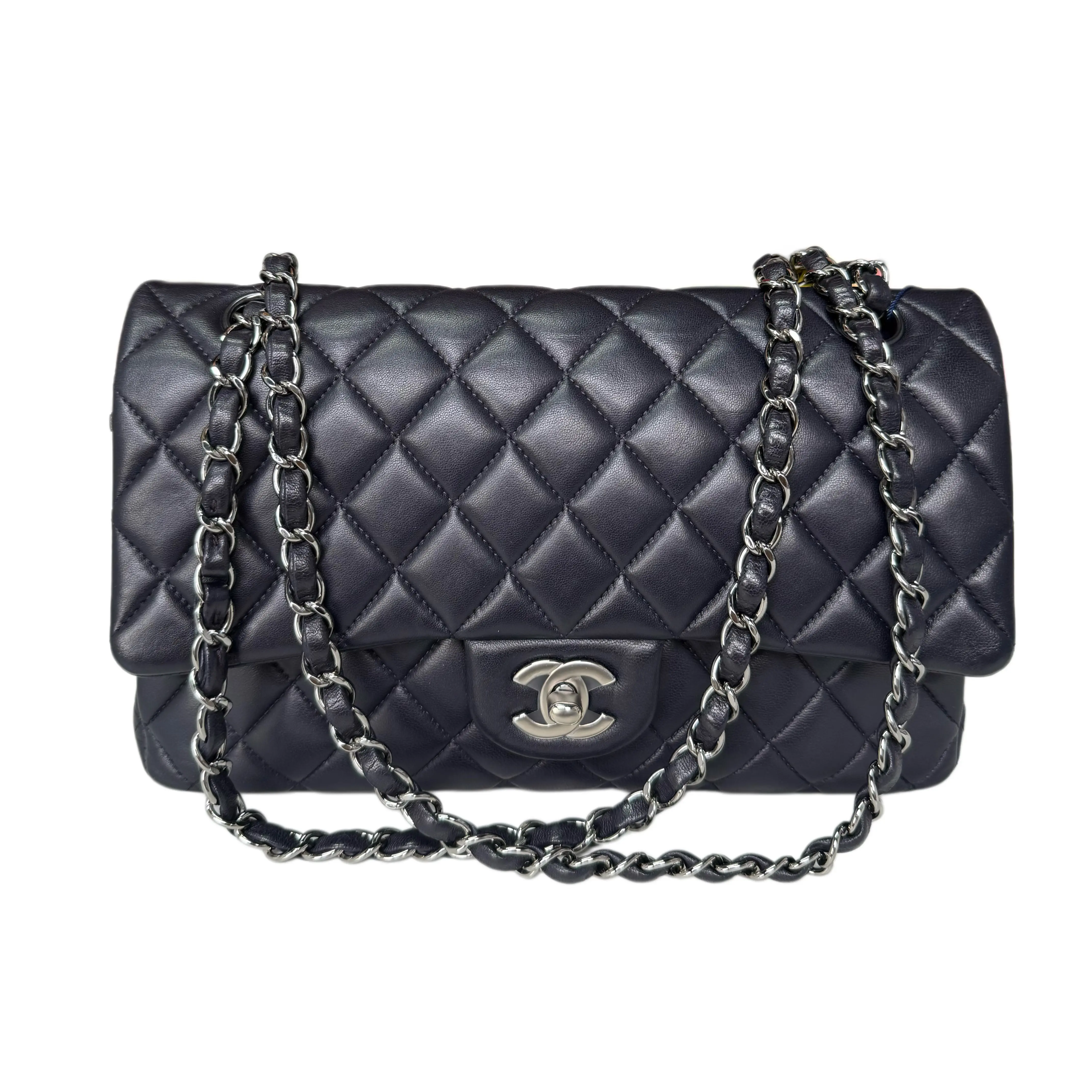 Pre-owned CHANEL . Shoulder Bags Classic Medium Double Flap Navy Lambskin Silver Tone Hardware Quilted Chain Shoulder Bag