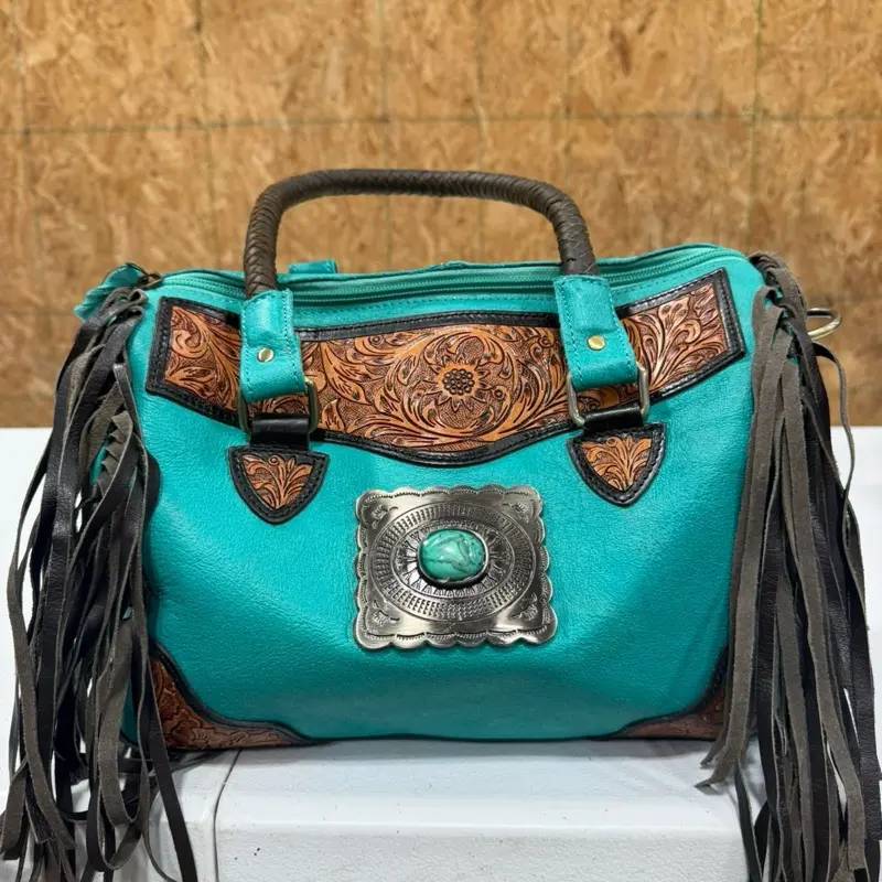 Genuine Hand-Tooled Leather Medium Soft-Shell Speedy Bag - Turquoise, Metal Conch, Fringe, Tooled Leather Corners
