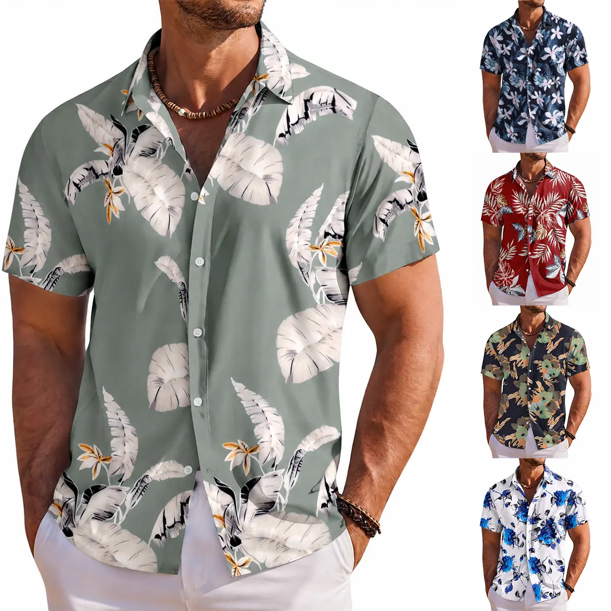 Hawaiian Aloha Shirt Tropical Floral Leaves Print 4-Way Stretch Breathable Short-Sleeve Button-Down Menswear for Summer Beach Vacation Luau Pool Party