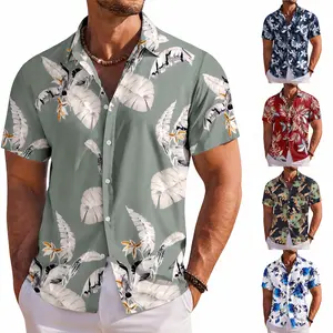 Hawaiian Aloha Shirt Tropical Floral Leaves Print 4-Way Stretch Breathable Short-Sleeve Button-Down Menswear for Summer Beach Vacation Luau Pool Party