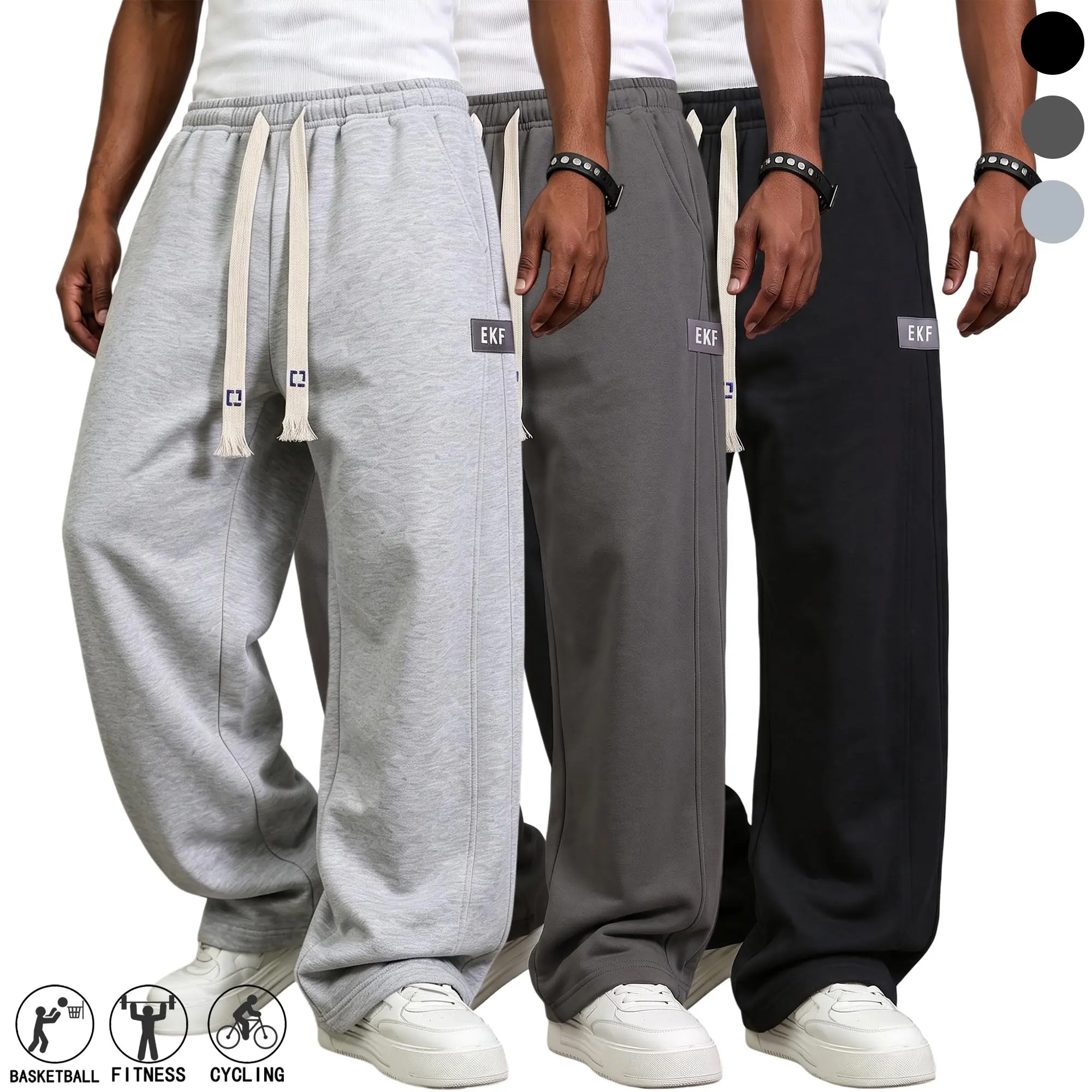 Pack of 2 Men's autumn/winter straight    Baggy Wide Leg Sweatpants  ; adjustable drawstring deep pockets men’s pants; menswear;   Casual Loose Fit Jogger Pants ;   everyday    commuting,   sports, and everyday wear. street style fall bottom