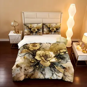Luxury Marble Print Bedding Set, Gold Rose Design, Breathable Fabric, Includes Fitted Sheet & Pillowcases, Ideal for Bedroom & Guest Room, Breathable Duvet Set