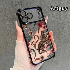 Compatible with iPhone 17 Pro Max 16 15 Plus Air 14 13 12 11 E Case Leopard and Flower Forest Pattern Clear Protective Four Corners Air Cushion Anti-drop Shockproof Cellphone Casing