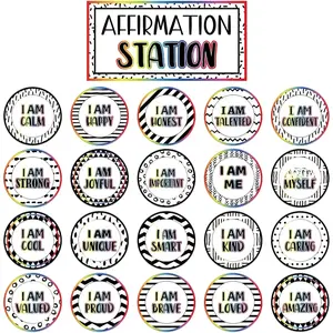 Affirmation Station Bulletin Board Set Composition Positive Bulletin Board for Classroom Growth Mindset Decor Polka Dots and Stripes Inspirational Motivational Accent Cutout for Home School Teacher