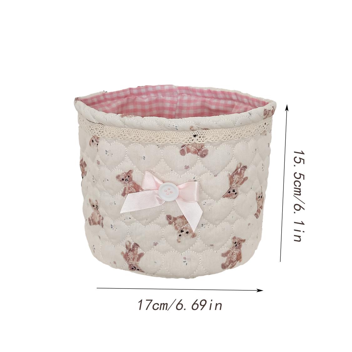 Cute Floral Quilted Fabric Storage Basket, Foldable Round Desktop Organizer for Makeup, Skincare, Sundries, Ins Style Plaid Lined Storage Bin for Home, Dorm, Bathroom