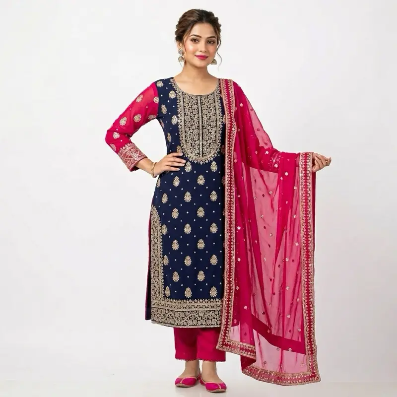Indian Dress for Women Women's Wear Summer Casual Comfortable Pink & Navy Blue Embroidered Saree Set - Womenswear