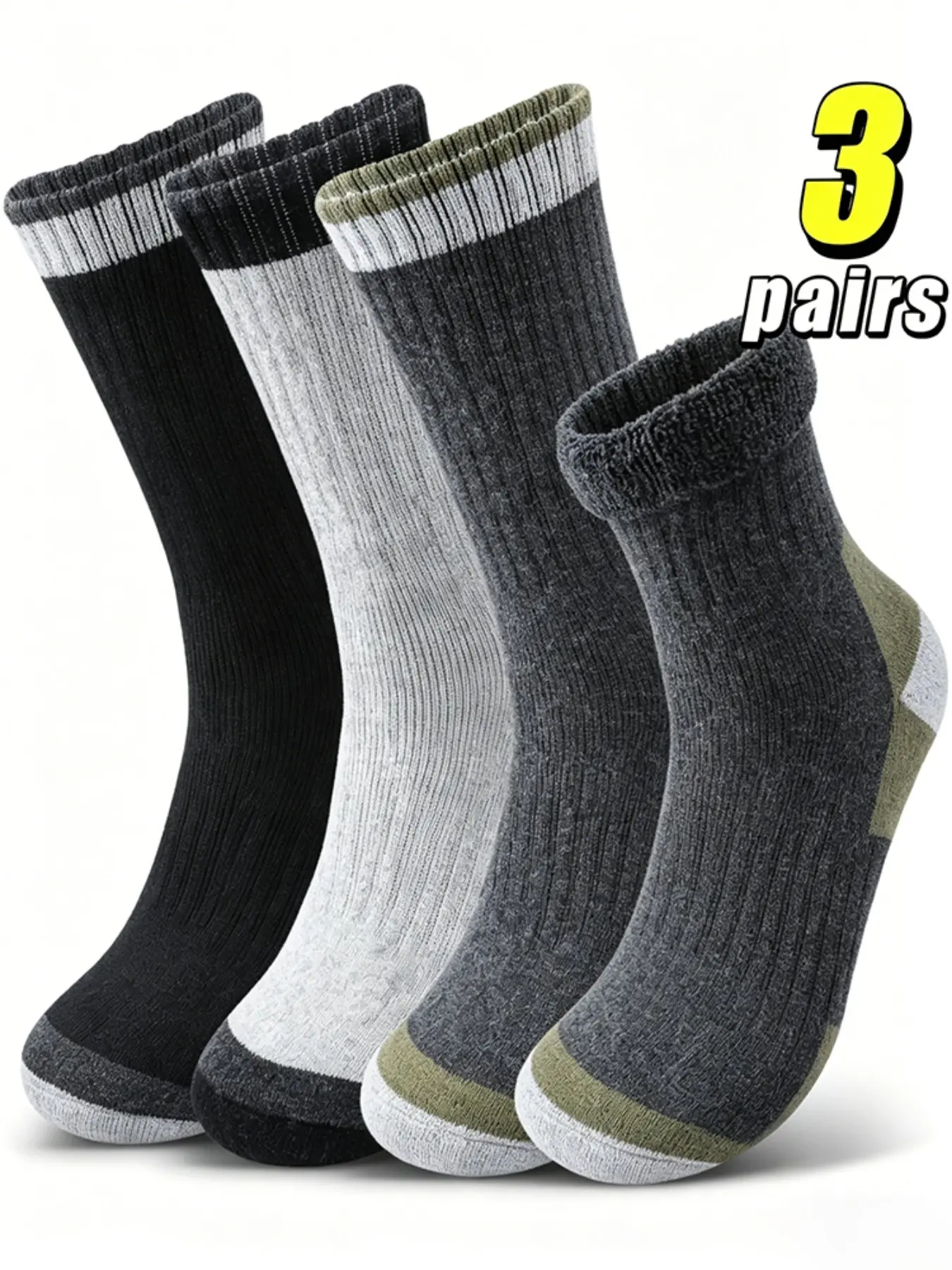 3 Pairs Men's Solid Color Thick Warm Sports Socks, Calf High Hiking Socks, Outdoor Climbing Socks, Fall & Winter Casual Style