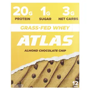 Atlas Bar Grass-Fed Whey Protein Bar, Almond Chocolate Chip, 12 Bars, 1.9 oz (54 g) Each