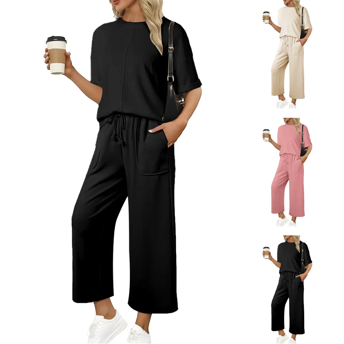 Tanming Women's 2-Piece Minimalist Basic Clothes Set, Round Neck Short-Sleeve Pullover Top with Drawstring Wide-Leg Pants for Lounge, Everyday Wear