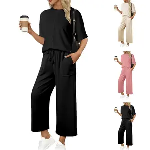 Tanming Women's 2-Piece Sweatsuit Set Casual Short Sleeve Pullover Top with Drawstring Wide Leg Pants for Lounge or Everyday Wear