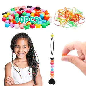 90 Small  Hair Beads Set for Girls, 5mm , Heart, Butterfly Colorful Soft   Hair Beads for Braids for Girls, 1 Quick Beader for Hair Braid, 50 Elastic Rubber Bands