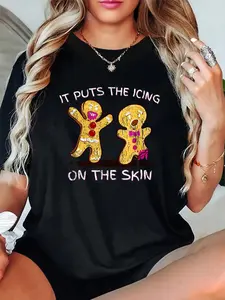 100% Cotton Unisex Gingerbread Man Horror It Puts The Icing On The Skin T-Shirt，Autumn Women's T-shirt Christmas Happy Letter Snowflake Fun Pattern