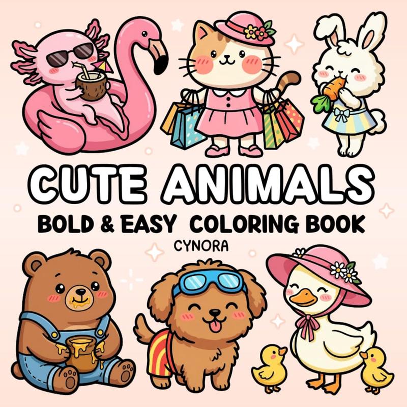 Cute Animals Bold and Easy Coloring Book: for Kids, Teens & Adults Featuring 50 Funny & Cozy Animal Designs with Axolotl, Capybara and More (Cozy & Easy Coloring)