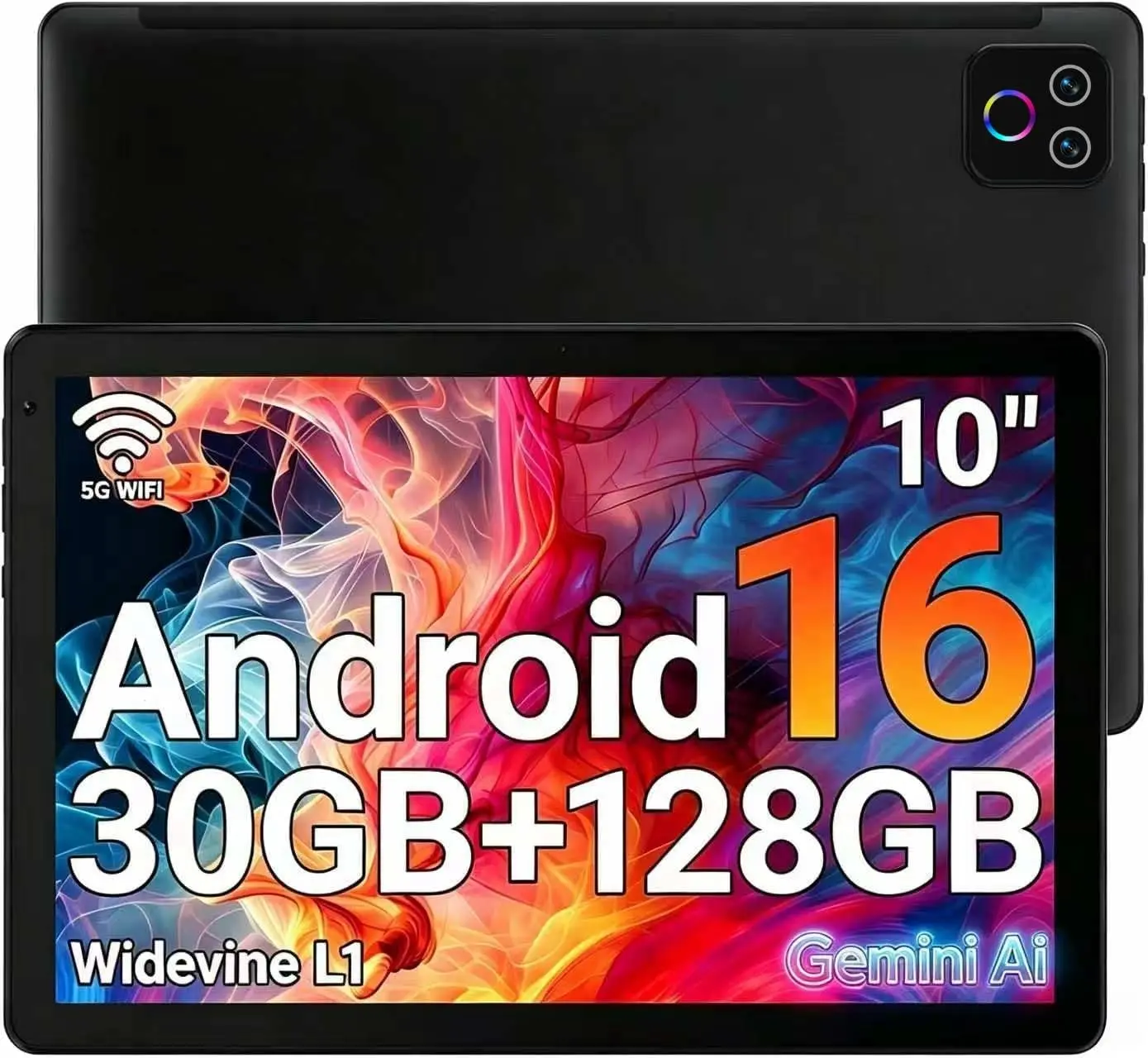 10.1" LCD Android 16 Tablet 2026 - Octa-Core Processor, 30GB RAM, 128GB ROM, HD IPS Touchscreen, 8H Battery, Wi-Fi 6, BT 5.4, Dual Camera, Card Slot, Port, Rear Camera