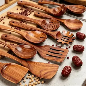 4-10 Piece Natural Teak Kitchen Utensils Set, Ergonomic Handle, Non-Porous Surface, Durable & Easy to Clean, Ideal for Daily Use & Special Occasions