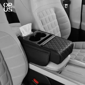 OPUSPORT｜5-in-1 Car Center Console Cover, Multifunctional Embossed PU Leather Arm Rest Cover with Cup Holder/Phone Holder/Pocket/Tissue Holder, Height Enhancement Car Armrest Cushion for Most Cars Christmas Gift New Year Holiday Present