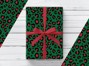 Green and Red Leopard Print Christmas Wrapping Paper Roll, 80's Retro Animal Print Holiday Gift Wrap
