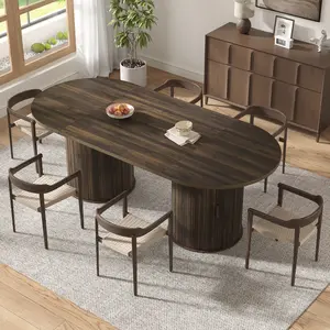 [ONLY INCLUDING Table]AMERLIFE 86.6'' Modern Extra Long Oval Dining Table with Hidden Storage, Wooden Dining Table with Cylindrical Fluted Base, Seats 6–8, Sturdy Kitchen & Dining Room Furniture