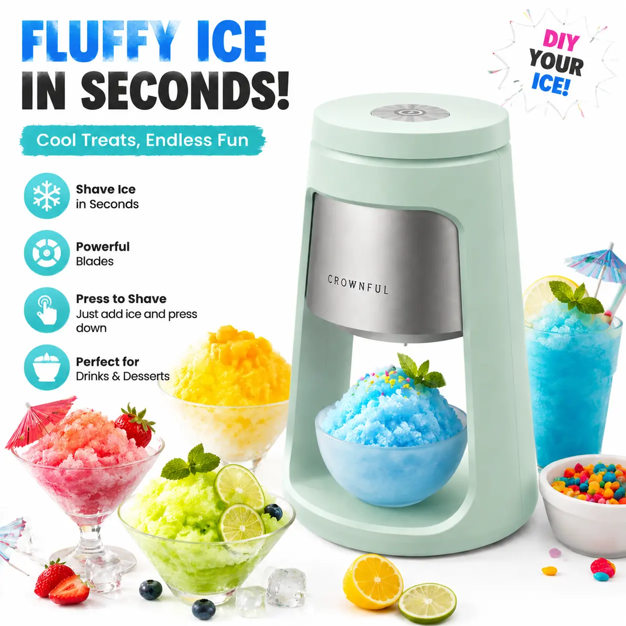 CROWNFUL Shaved Ice Machine Snow Cone Maker With 2 Ice Cups Portable Ice Shaver For Homemade Snow Cones Snowballs Frozen Cocktails Easy Use Great Gift For Men And Women
