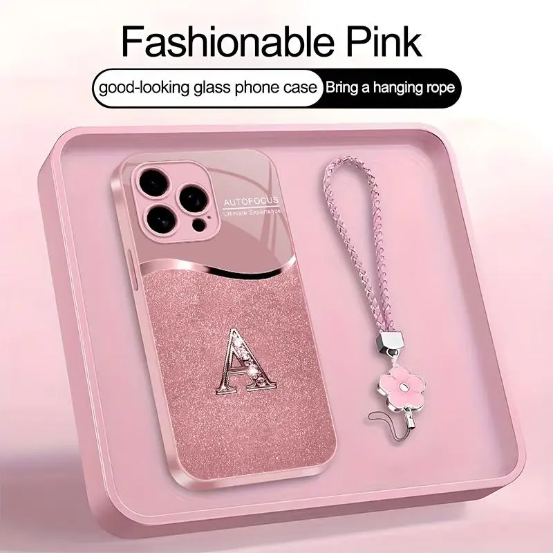Luxury pink phone case with lanyard and initial letter (A–Z), cover for iPhone 17/16 Max/Plus — 975