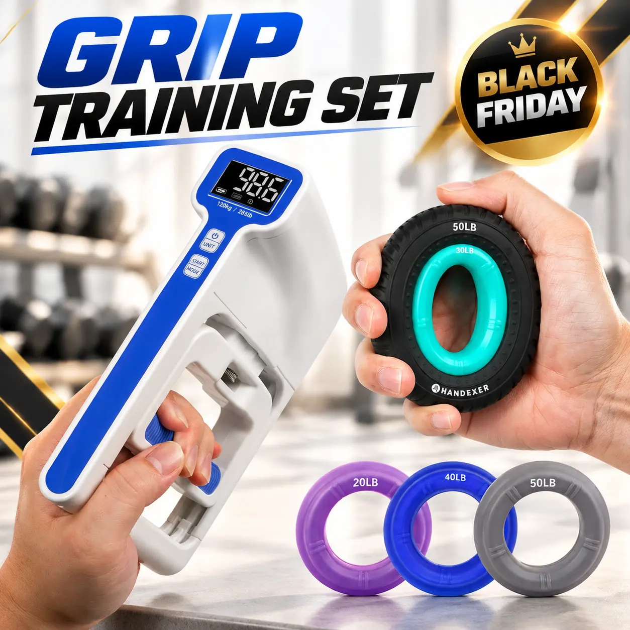 Handexer 2-in-1 Digital Dynamometer & Adjustable Hand Strengthener Set - 265lb Grip Strengthener with Ring Kit, Backlit Digital Display, Fitness Equipment for Rehab, Climbing, Office Use to Improve Grip Strength, Black Friday & Cyber Monday