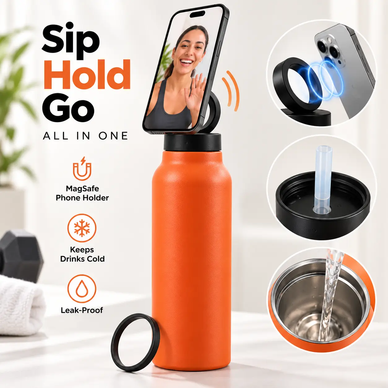 Unisex 24oz Portable Magnetic Stainless Steel Durable Sports Water Bottle - Leakproof, BPA-Free Insulated Tumbler with Magnetic Lid, Straw, Fits Phone Holder - Reusable Flask for Hiking Gym