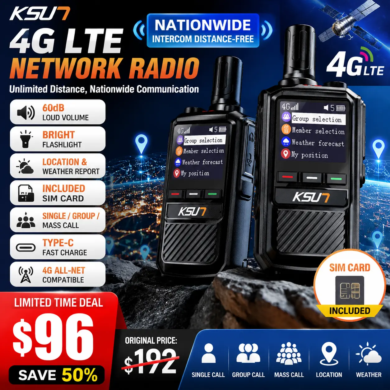 KSUN 4G LTE POC Walkie Talkie with SIM Card, Nationwide Unlimited Range Two Way Radio with GPS Location & Weather Forecast for Truck Fleet Construction Security