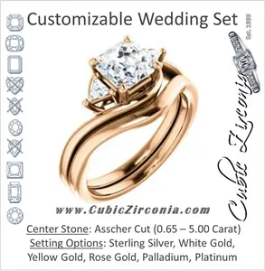 CZ Wedding Set, featuring The Sophie engagement ring (Customizable 3-stone Twisting Bypass Style with Asscher Cut Center and Triangle Accents)