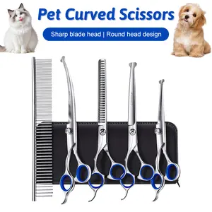 7-in-1 Professional Stainless Steel Dog Grooming Scissors With Safety Round Tip, Titanium Coated Heavy Duty Dog & Cat Grooming Scissors Set With Straight & Thinning & Curved Scissors & Comb, Pet Grooming Scissors Kit For Dogs, Cats & Other Animal