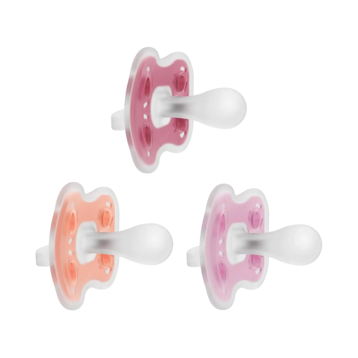Advantage One-Piece Silicone Baby Pacifier Coral/Light Pink/Pink 6-18m BPA Free 3 Pack Soft Gentle Reversible Design Breathable Shield