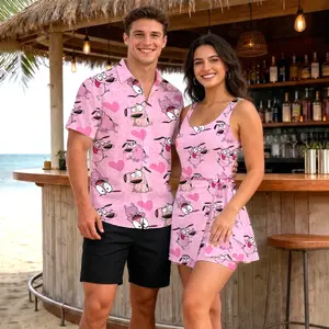 The Pink Cowardly Dog 2026 Couple Matching Set, Dress for Her and Shirt Hawaii for Him, Outdoor Beach Summer Trip Apparel For Men Women, Matching Summer Beach Vacation Couple Outfits_300326.R3032.ID00