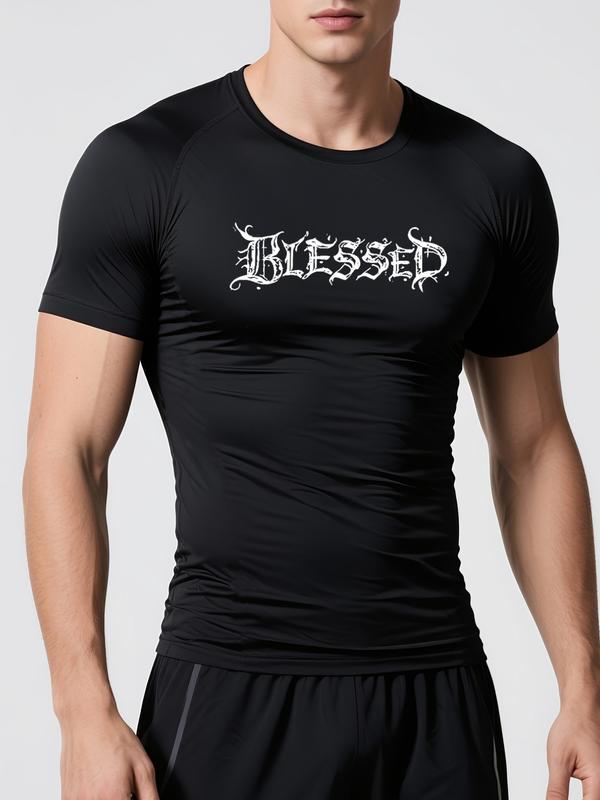 Men's Graphic Compression Workout Shirt - “BLESSED” Goth Angel Wings Tee, Stretch Breathable Quick Dry Athletic Fitted for Gym & Casual Streetwear, Trending Fitness Motivational Top
