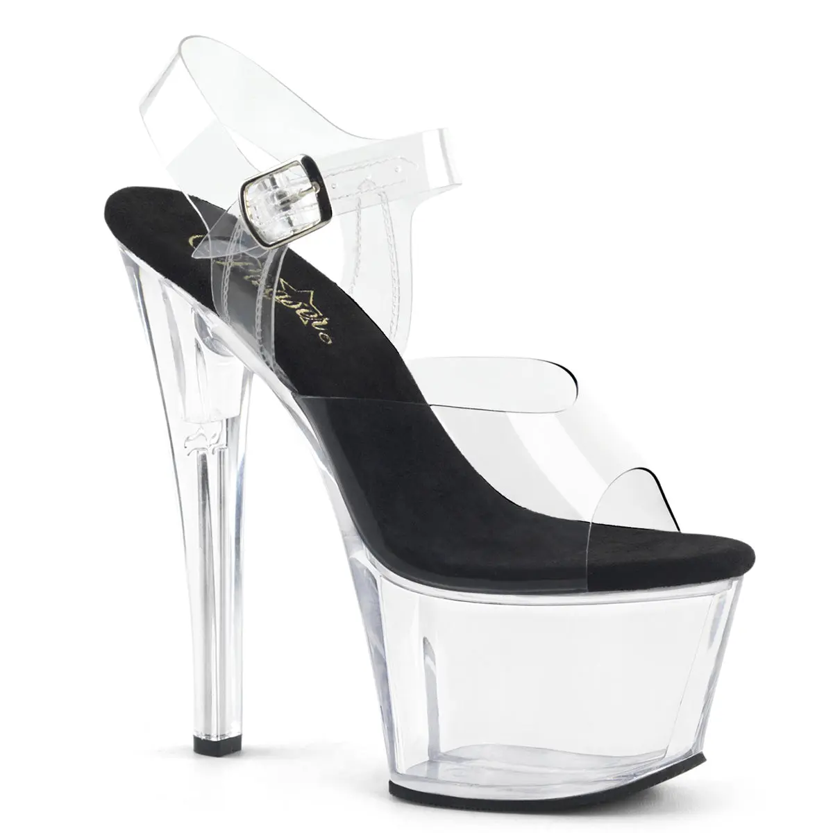 Pleaser Sky-308 Women's Stylish Elegant High Heel Footwear - Classy Ankle Strap Wedge Sandal with Black-Clear Platform Shoe, Fashion