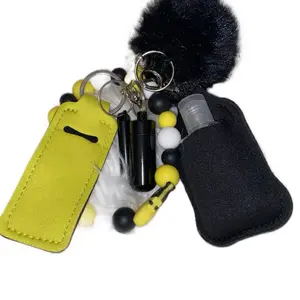 The Busy Bee Silicone Black Yellow & White Beads Keychain with Fuzzy Pom Pom and Fabric Case for Easy Access