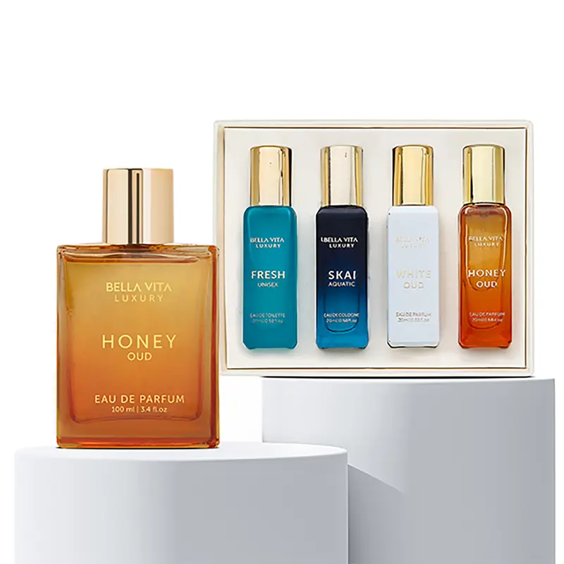 Honey Oud Unisex Fever by BellaVita Luxury | Perfume Combo Gift Set | 100 ml + Unisex Gift Set 4×20 ml | Honey Oud, Skai Aquatic, Fresh, White Oud & Honey Oud (mini) | Long Lasting Eau De Parfum | Vegan & Cruelty Free