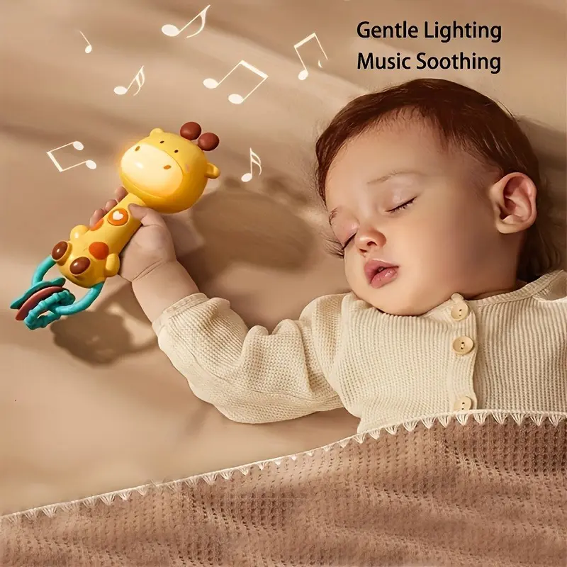 Giraffe Shape Baby Musical Rattle Teething Stick - Unisex 6+ Months Sensory Toy, Shake-Activated Music, Volume Slider, Smooth Plastic, Soft Chewable Parts, Light-Up (Batteries Not Included)