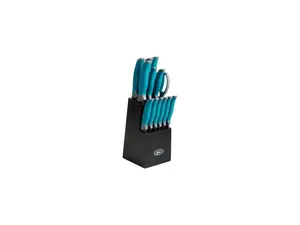 Oster 81007.14 Lindbergh 14 Piece Stainless Steel Cutlery Set Black Block, Teal Handles