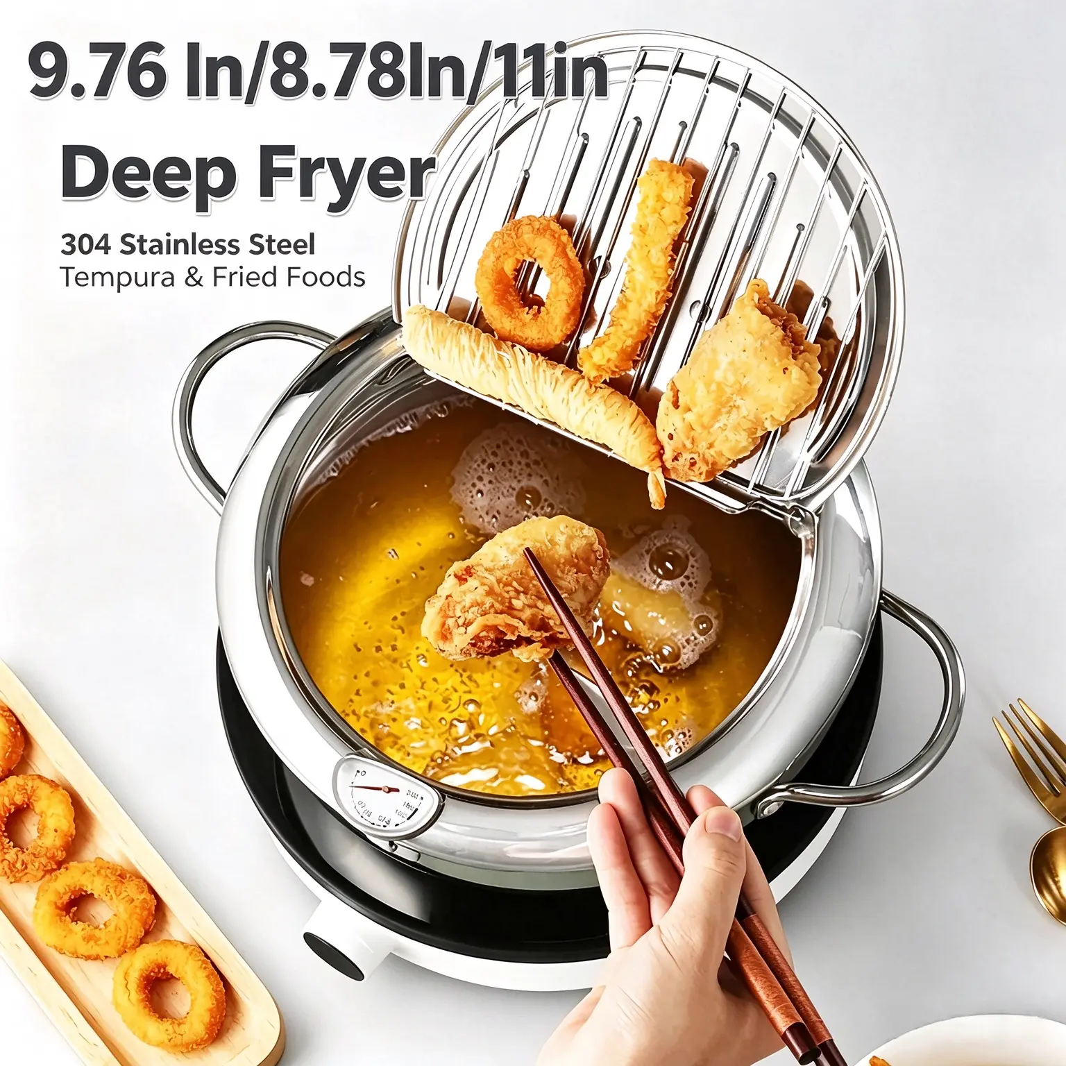 304 Stainless Steel Adjustable Temperature Tempura Deep Fryer (9.76in/8.78in/11in) - Home Kitchen Cookware Pot with Lid, Oil Separator, Precise Control, Gas & Induction Compatible, Ideal for Frying Chicken, Adjustable Temperature Fryer